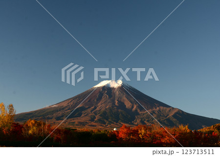 青空の元で紅葉の林と白いレーダードームと冠雪の富士山 123713511