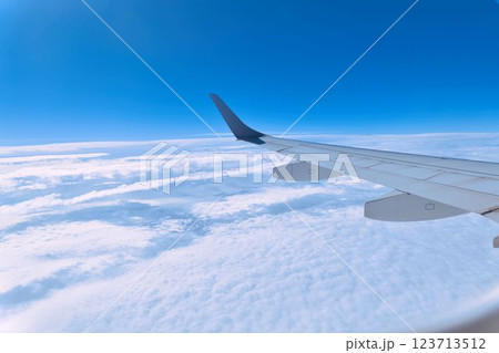 飛行中の飛行機翼と雲 123713512