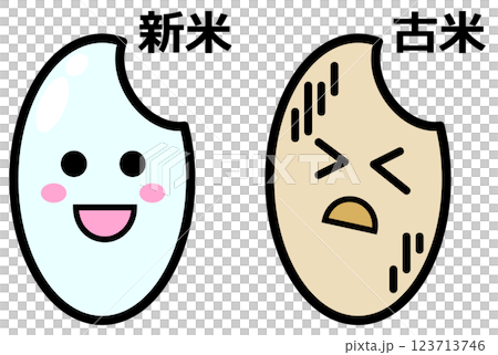 日本食で主食となる美味しい新米と不味い古米の米粒イラスト 123713746
