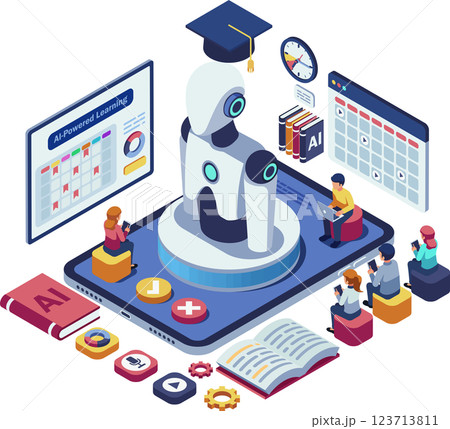 Isometric Students Interacting with AI-Powered Learning Platform 123713811