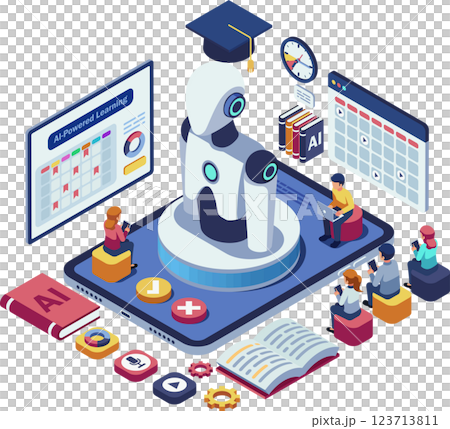 Isometric Students Interacting with AI-Powered Learning Platform 123713811