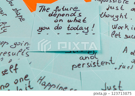 Motivational quotes on sticky notes for personal growth and reflection 123713875