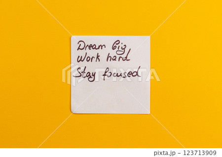 Inspiring handwritten note on bright yellow background for motivation 123713909
