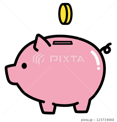 シンプルな豚の貯金箱とコインのベクターイラスト 123714068