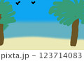 A child's drawing with an abstract image of a summer vacation in hot resort countries or states. Palm trees, beach sand, ocean, blue sky, and silhouettes of flying birds are depicted 123714083