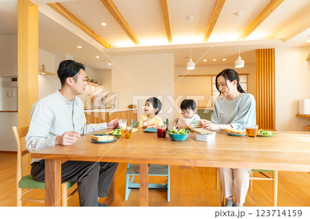 若い家族　食事　食卓 123714159