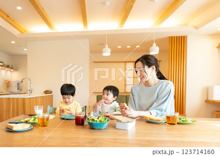 ダイニングで食事する若い家族 ダイニングで食事する若い家族 123714160