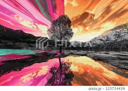 Psychedelic Landscape with Vibrant Neon Sky and Mountains 123714439