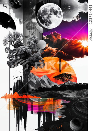 Surreal Landscape with Neon Colors, Black and White Elements, Retro 80s Vibes 123714441