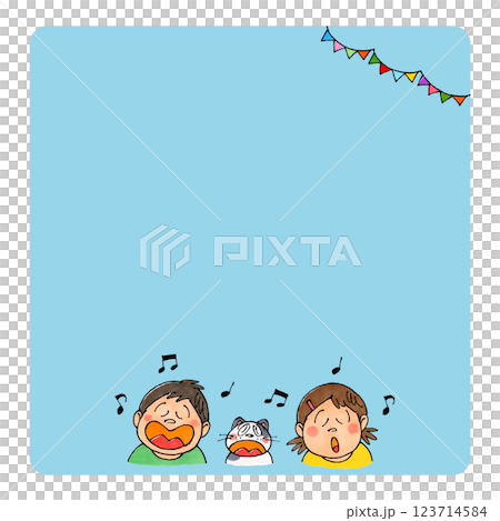 Singing child and cat copy space (blue square) Singing child and cat copy space (blue square) 123714584