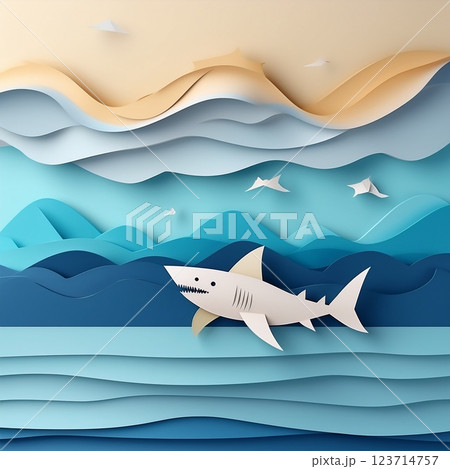 海とサメ　ペーパークラフト　イラスト 123714757