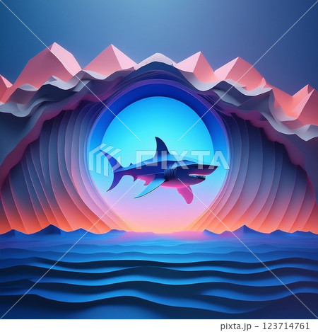 海とサメ　ペーパークラフト　イラスト 123714761