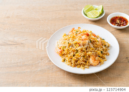 fried shrimps fried rice on plate fried shrimps fried rice on plate 123714904