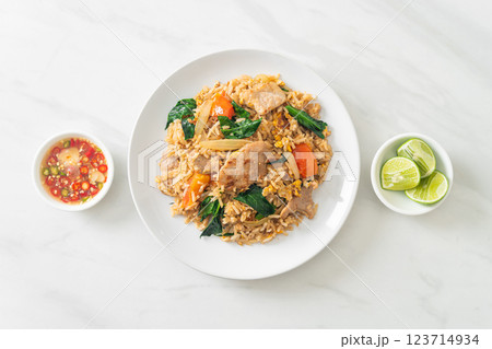 Fried rice with pork on plate 123714934
