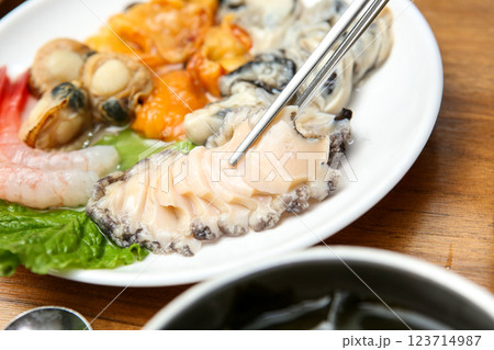 Korean seafood. Fresh abalone sashimi 123714987