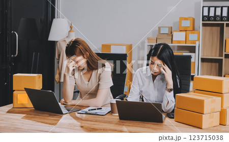 Startup SME small business entrepreneur of freelance Asian woman using a laptop with box Cheerful success Asian woman her hand lifts up online marketing packaging box and delivery SME idea concept 123715038