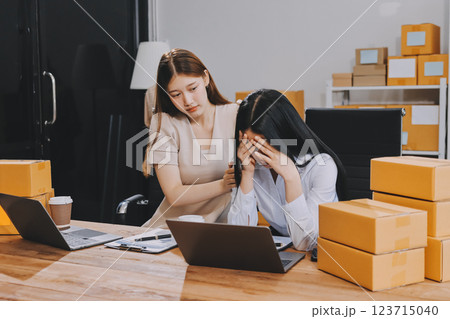 Startup SME small business entrepreneur of freelance Asian woman using a laptop with box Cheerful success Asian woman her hand lifts up online marketing packaging box and delivery SME idea concept Startup SME small business entrepreneur of freelance Asian woman using a laptop with box Cheerful success Asian woman her hand lifts up online marketing packaging box and delivery SME idea concept 123715040