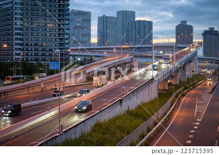 夜の都会を走るゆりかもめ 123715395