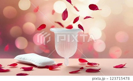 月経カップ、生理用ナプキンなど生理用品が並べられた3Dイラスト 月経カップ、生理用ナプキンなど生理用品が並べられた3Dイラスト 123715478