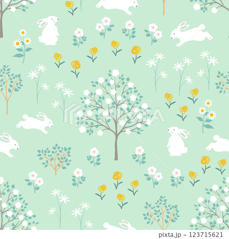Easter seamless repeat pattern with hand drawn rabbits and wildflowers on spring forest 123715621