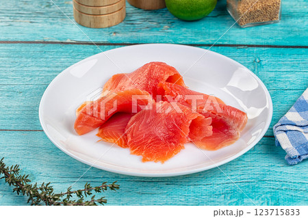 Delicous sliced salmon fillet  ready to eat 123715833