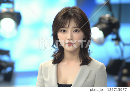 テレビ局の報道スタジオで働く若い女性アナウンサー 123715977