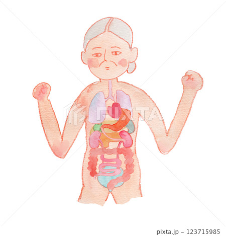 元気な白髪のおばあさんと内臓の水彩イラスト 123715985