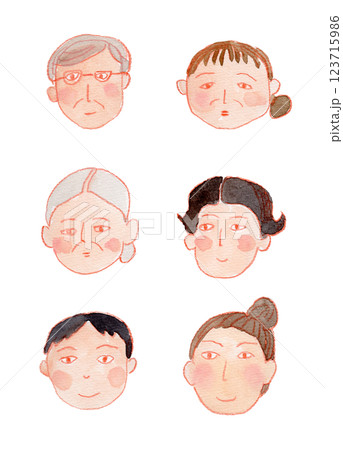 いろいろな顔の水彩イラスト いろいろな顔の水彩イラスト 123715986