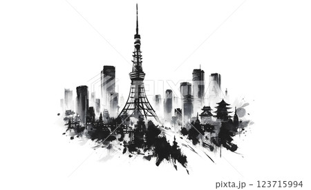 墨絵で描く東京の街並み / Tokyo Skyline in Sumi-e Style 123715994