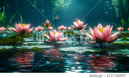 澄んだ池で優しく揺れる蓮の花 澄んだ池で優しく揺れる蓮の花 123716047