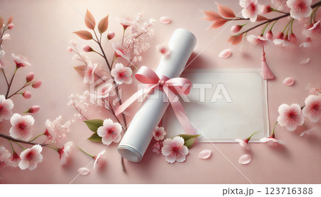 卒業式背景 桜と卒業証書 パステル春デザイン テキストスペース付き 123716388