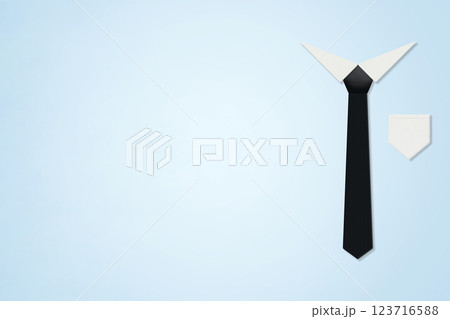 ワイシャツの襟に締められた黒いネクタイとポケットが浮く空の背景 ワイシャツの襟に締められた黒いネクタイとポケットが浮く空の背景 123716588