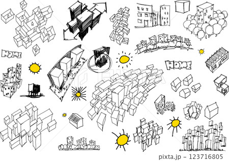 hand drawn architectural sketches of urban ideas and city structures and parts of the city and architecture and fantastic buildings 123716805