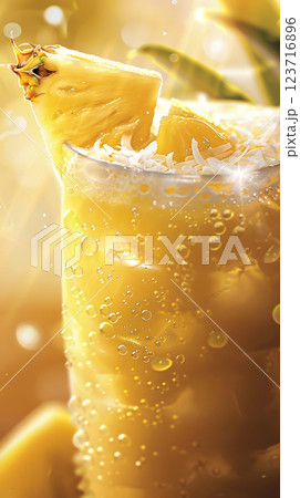 A tropical glass filled with refreshing pineapple coconut juice, garnished with a pineapple wedge and a sprinkle of coconut flakes 123716896