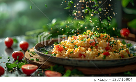 On a rustic wooden board, fluffy scrambled eggs are garnished with fresh parsley and chives, their vibrant yellow color beautifully contrasted by the green herbs. 123716904