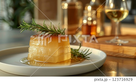 Foie gras with a glass ampoule of white wine and rosemary jelly levitates against a minimalist background, showcasing elegance. 123716929