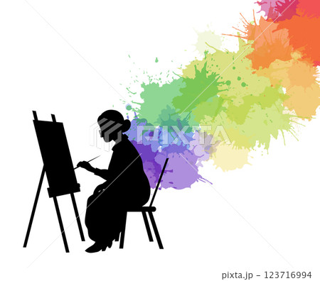 Vector black silhouette of old woman painting on easel with flow of rainbow watercolor splash. Grandmother artist. Creativity and inspiration. Vector black silhouette of old woman painting on easel with flow of rainbow watercolor splash. Grandmother artist. Creativity and inspiration. 123716994