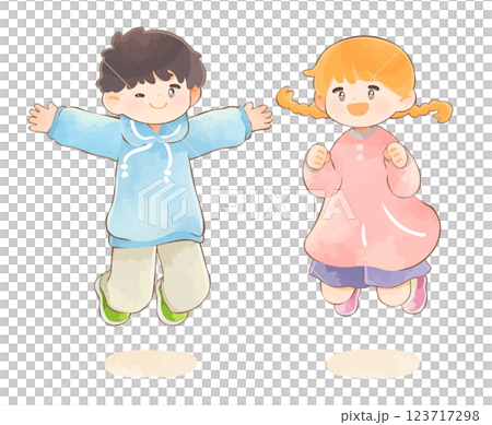 ジャンプする子供　男の子と女の子 123717298