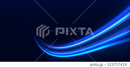 Light blue cuved rays glowing on dark blue background. High speed motion moving concept. 123717419