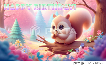 A cute squirrel on sakura tree eating a nut with Happy Birthday text celebrating spring A cute squirrel on sakura tree eating a nut with Happy Birthday text celebrating spring 123718422