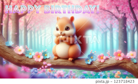 A cuddly squirrel on sakura tree eating a nut with Happy Birthday text celebrating spring A cuddly squirrel on sakura tree eating a nut with Happy Birthday text celebrating spring 123718423