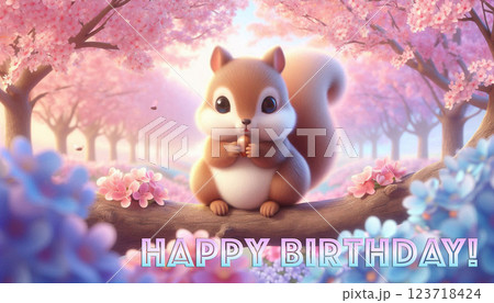 A cute and fluffy squirrel on sakura tree eating a nut with Happy Birthday text celebrating spring 123718424