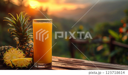 Glass of fresh cold sweet pineapple juice with slices on table and harvest plantation.AI Generative. 123718614