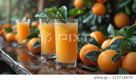 Glasses of fresh cold orange juice with orange halves on harvest plantation field.AI Generative. 123718670