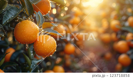 Raw ripe fresh oranges with leaves hanging on orange harvest plantation field.Macro.AI Generative. 123718858