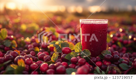 Glass of cold fresh healthy cranberry juice in cranberry harvest plantation.Macro.AI Generative. 123719057