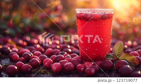 Glass of cold fresh healthy cranberry juice in cranberry harvest plantation.Macro.AI Generative. 123719077