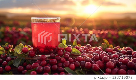 Glass of cold fresh healthy cranberry juice in cranberry harvest plantation.Macro.AI Generative. 123719078
