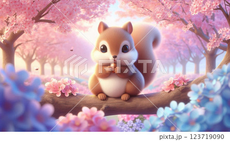 A lively 3D squirrel frolics on a branch amid festive sakura flowers in a colorful spring scene A lively 3D squirrel frolics on a branch amid festive sakura flowers in a colorful spring scene 123719090
