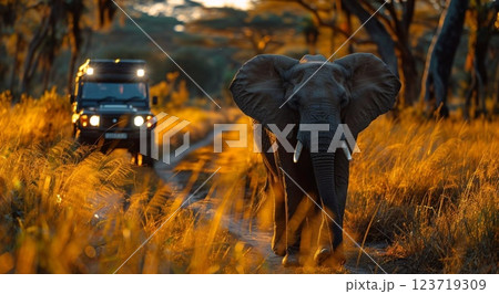 Elephant walking through safari valley and car with tourists on background.Macro.AI Generative 123719309